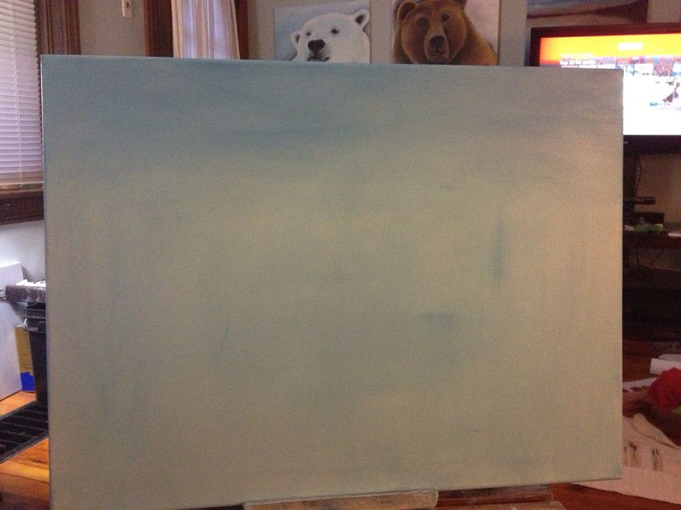 Small X patterns to paint the sky blue, then blend it out with light horizontal strokes.