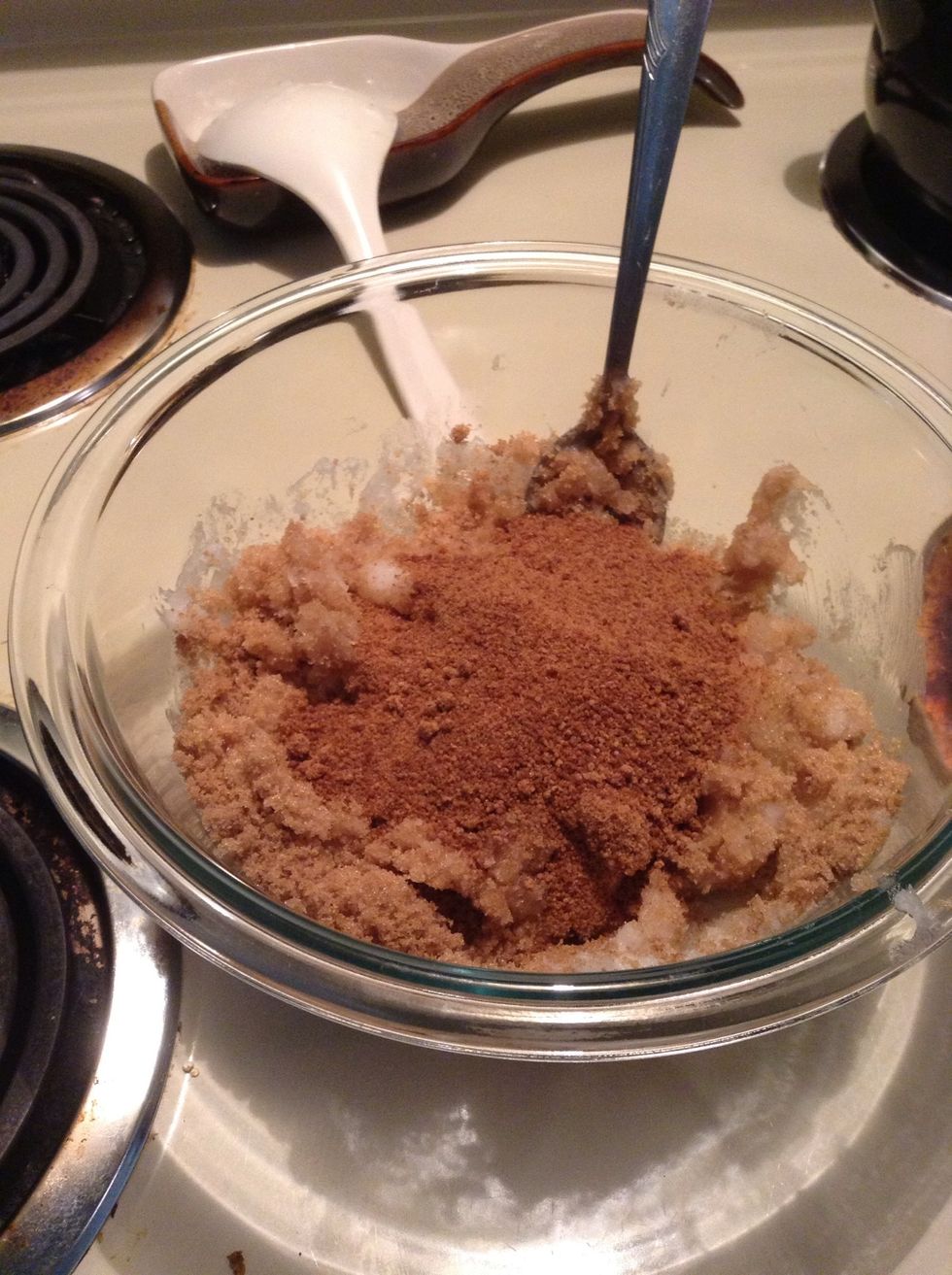 Smash coconut oil to soften till its creamy. Add brown sugar and coconut sugar.