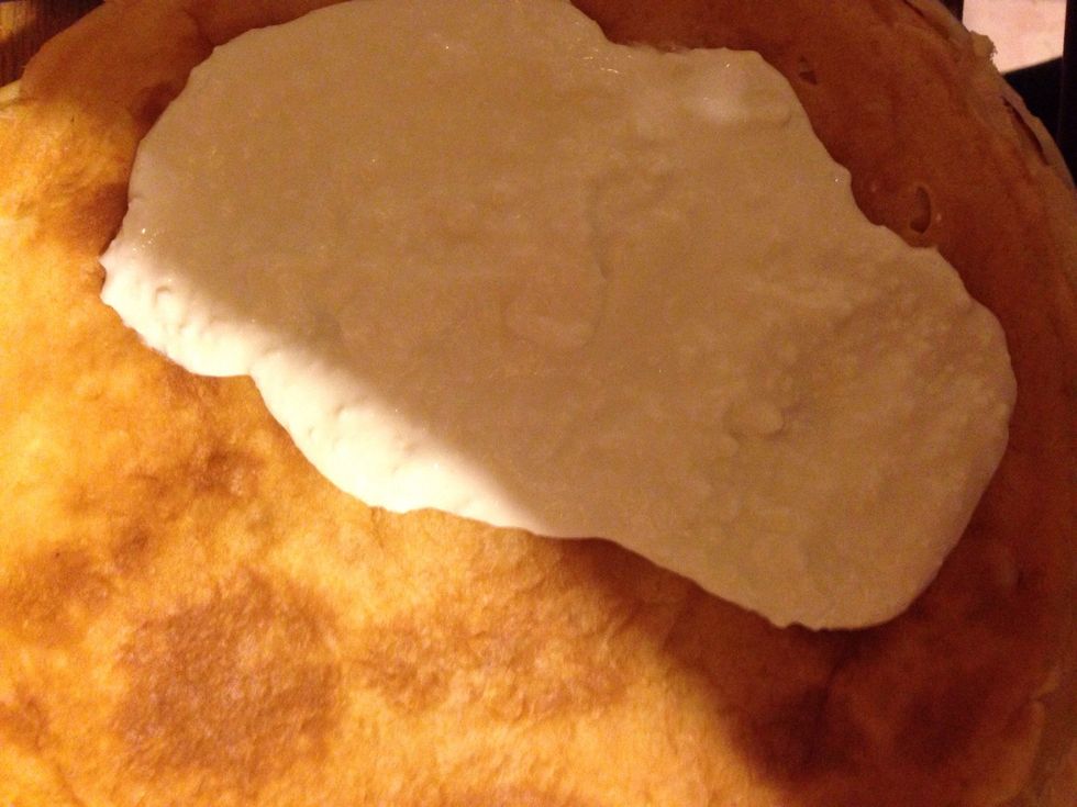 Smear pancake with this mixture.  Smear only darker side of pancake.