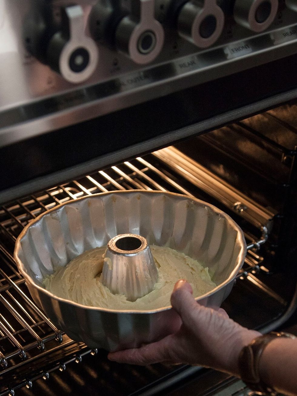 Smooth everything over. Pop the bundt pan into the oven.