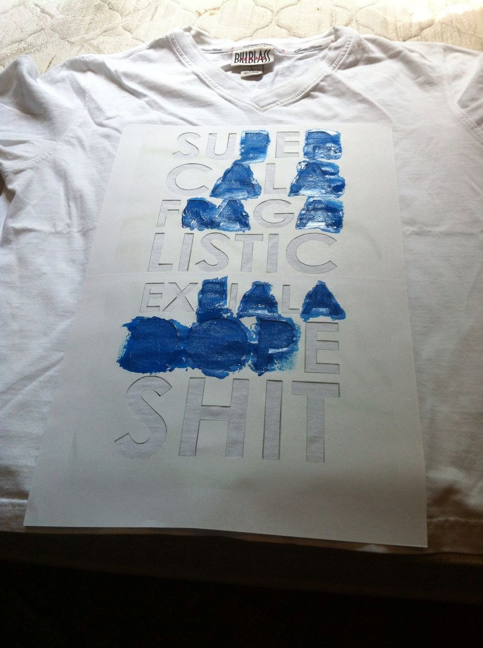 Smooth the stencil on your shirt & get to painting. Just make sure that all areas are pressed down extremely well to keep from bleeding.