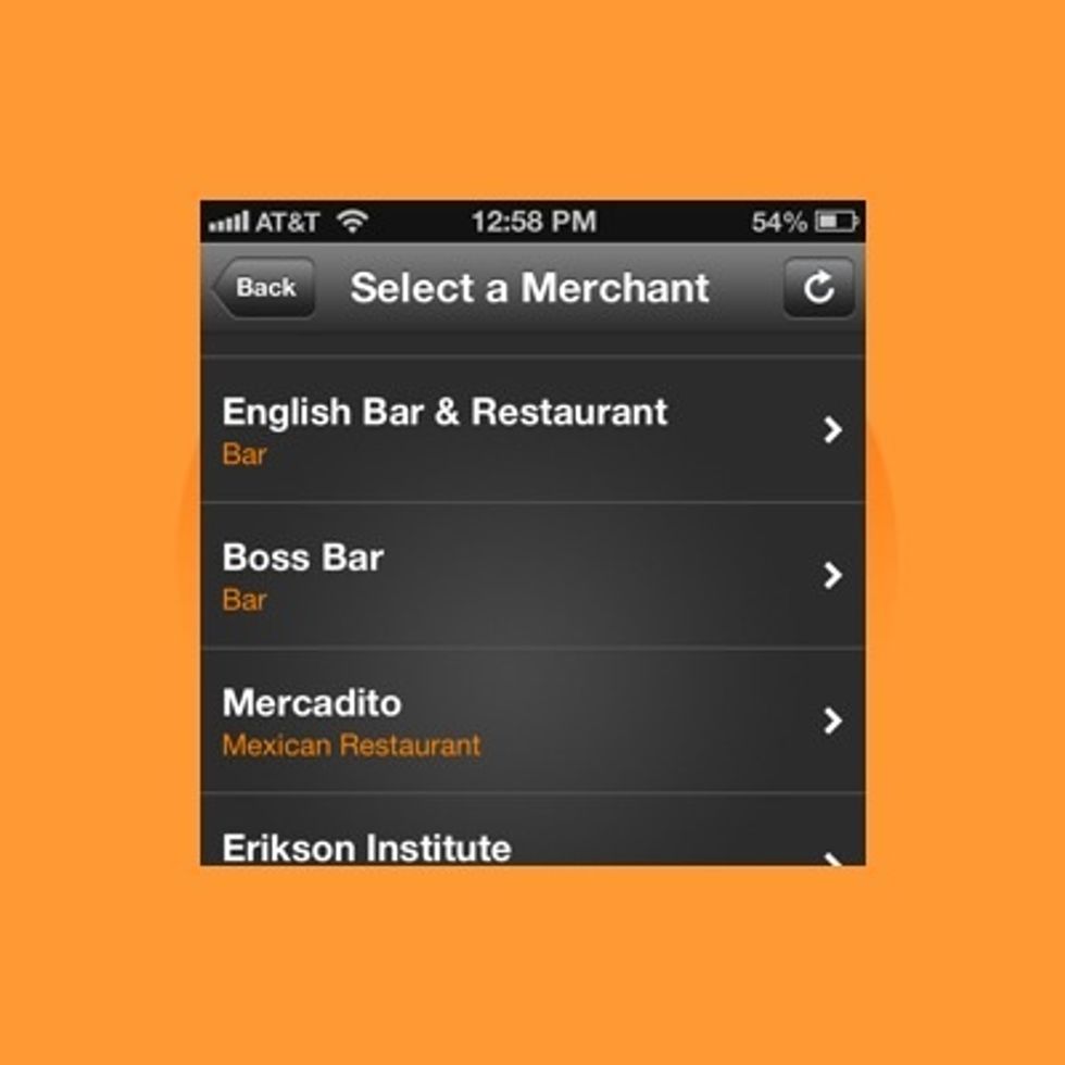 Smorecard uses GPS to know what's around you. Select the merchant/store, restaurant or bar you're in.