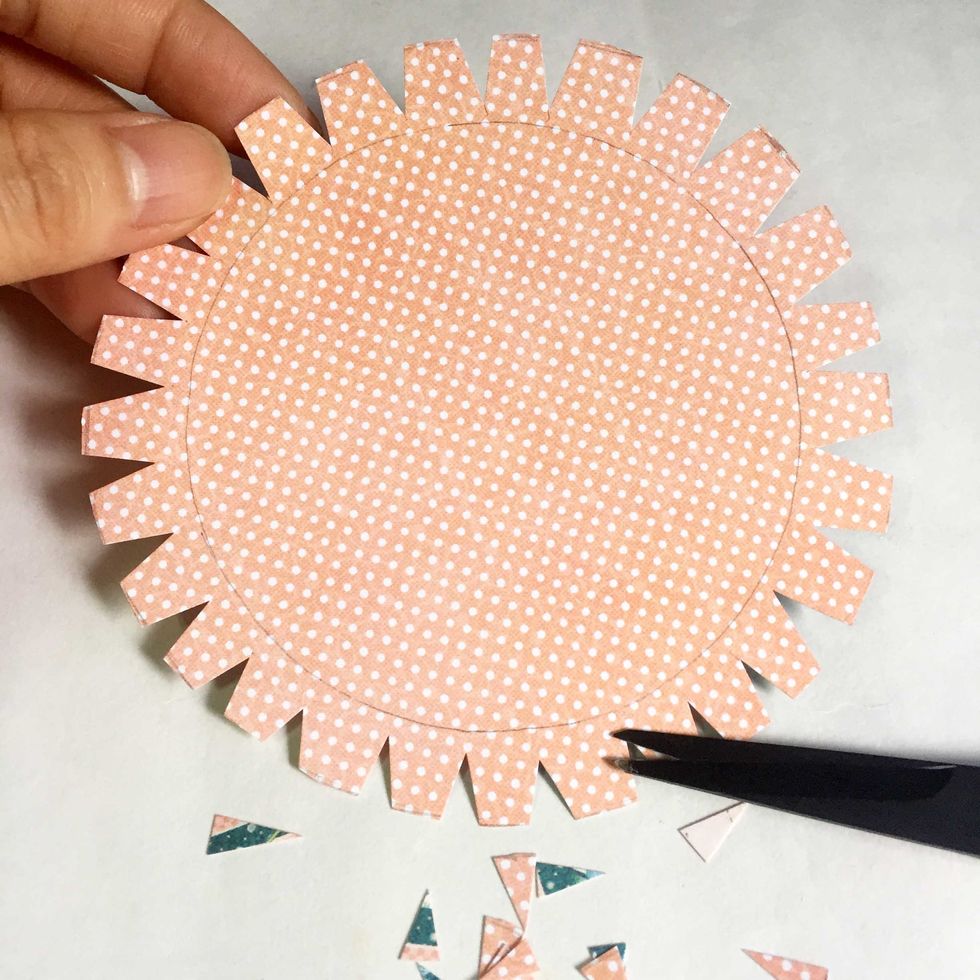 Snip around the edges, leaving about 1/8" away from the inner circle.