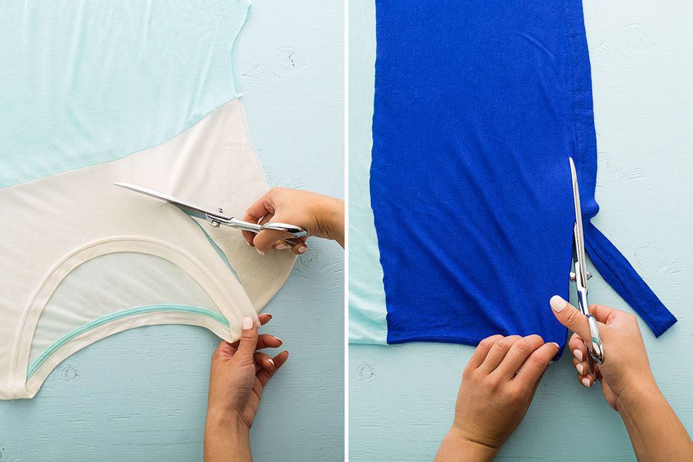 Snip off the sleeves, neckline and bottom hem of your t-shirt.