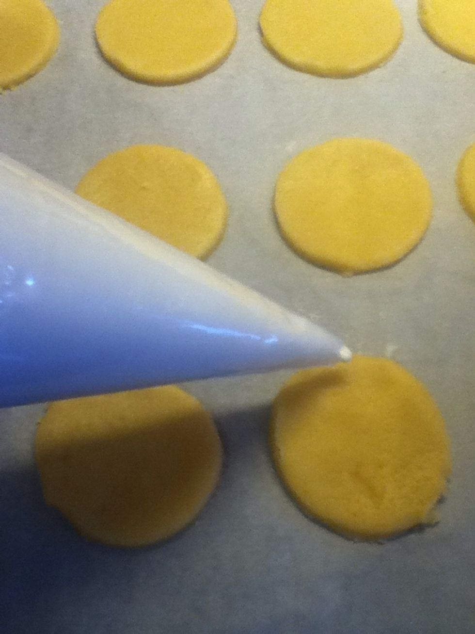 Snip your piping back about 0.5cm from the bottom and fill with the mirangue. Squeeze to the bottom and pipe onto the biscuits in rings! \ud83d\udc95