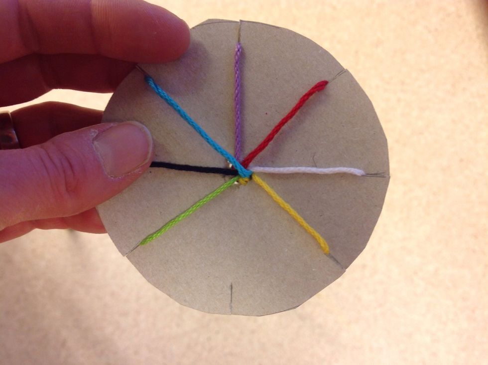 Snurra brickan s\u00e5 det tomma jacket \u00e4r mot magen. Tag den tredje tr\u00e5den \u00e5t h\u00f6ger (r\u00f6d) i handen.