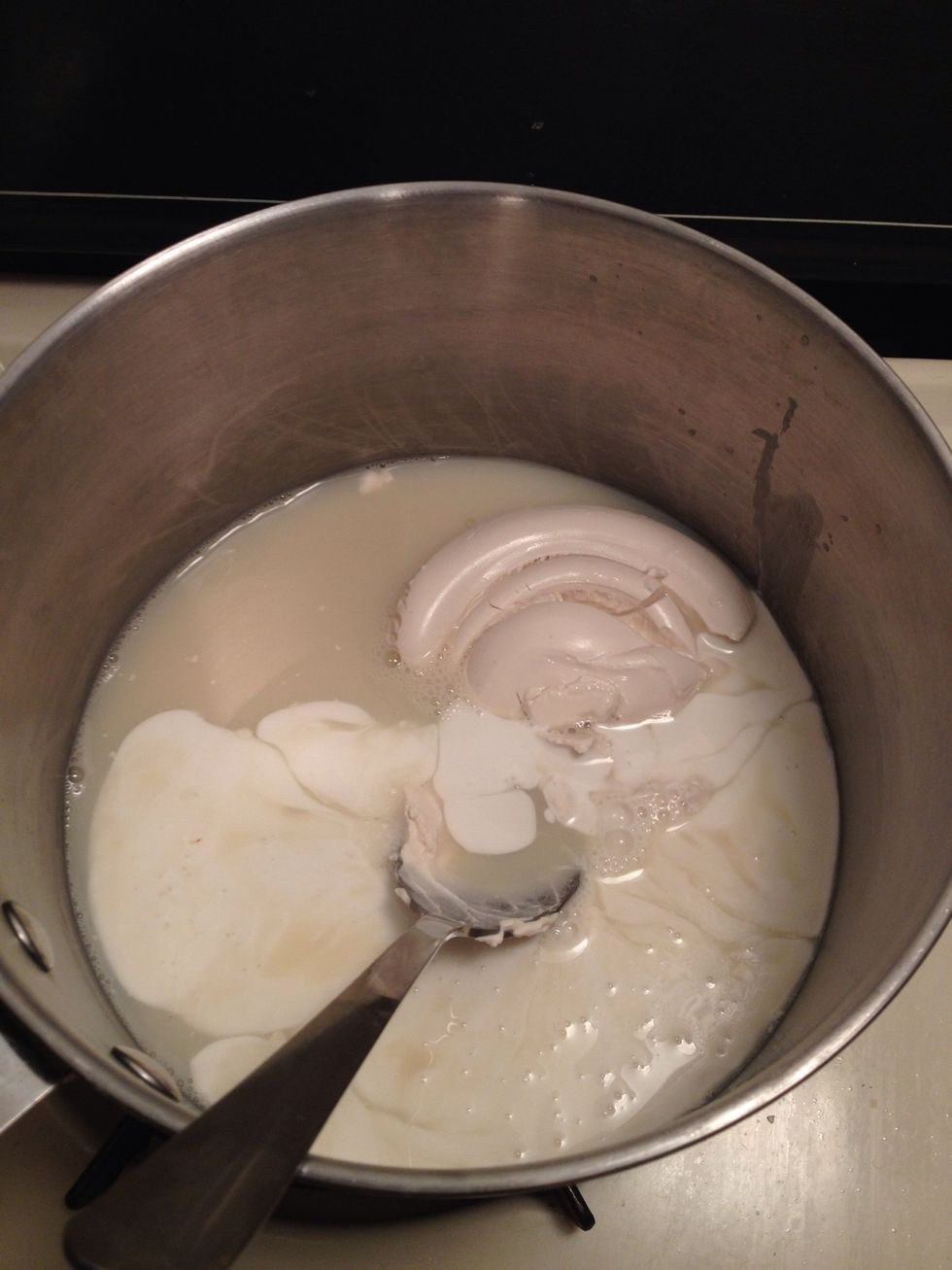 So add soy milk, cream cheese, Earth Balance spread, salt, pepper and creamer ( optional for extra creamy sauce) in pot. Keep on low heat. Looks funky but I promise it tastes amazing !