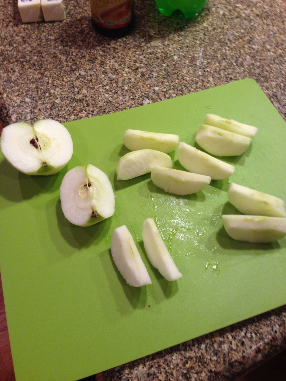 So cut the apple in half, then half again and half one more time for 8 pieces per apple or 16 apple pieces total or 2^4 pieces, we like math!!