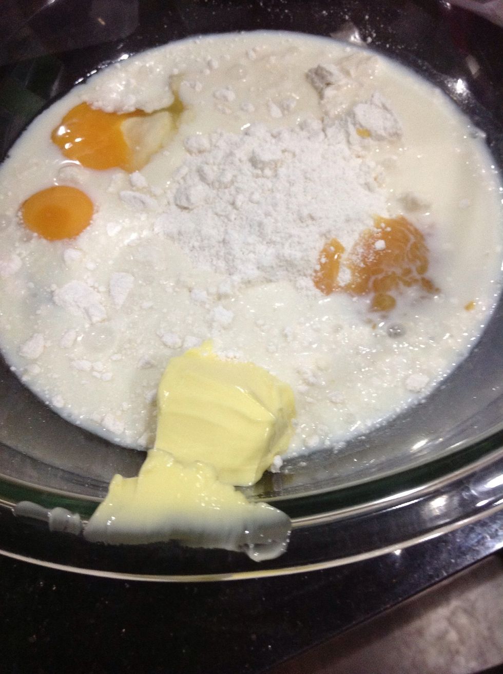 So, everything in a bowl. Cake mix, eggs, milk, butter and caramel. I used store bought caramel sauce but you could make your own. I have a guide for that too. :)