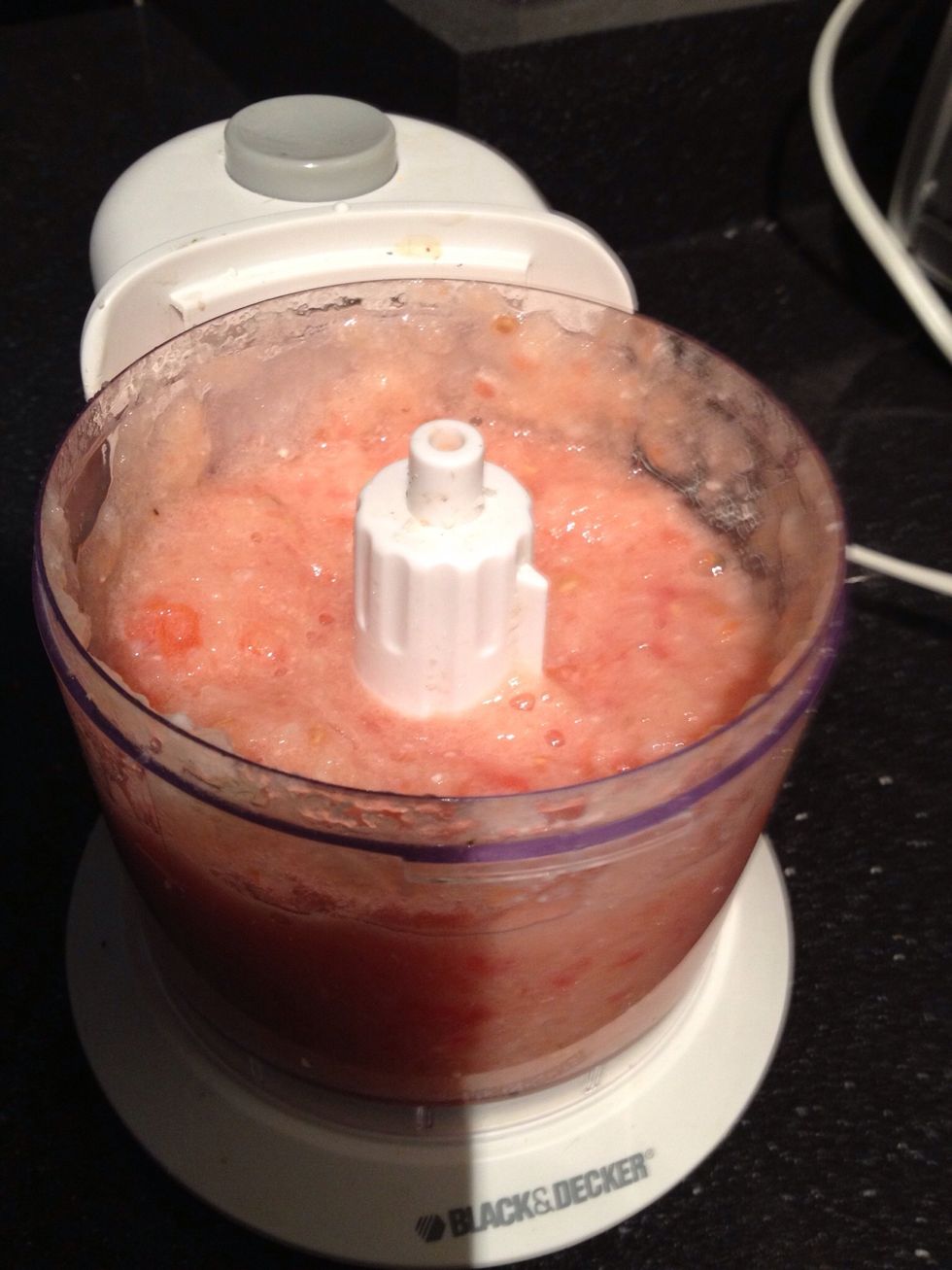 So for your sauce, you can add the red onion, tomato, garlic, red pepper, and salt/pepper together in your mixer.