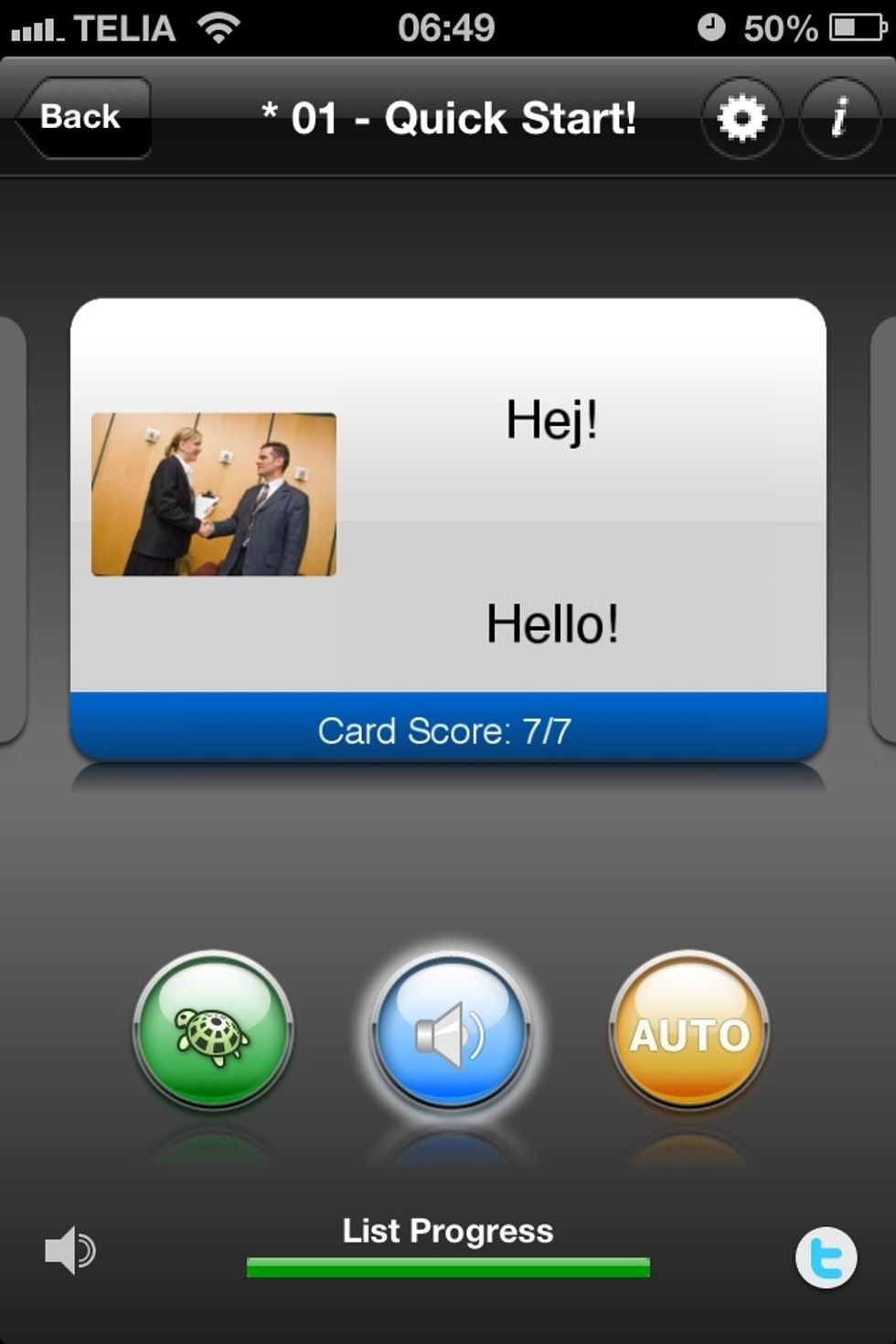 So here is how the app works. You get a list of cards per round about 8-10 and you get shown them, plus new language & english voice. The green button slows the voice down to he's pronunciation.