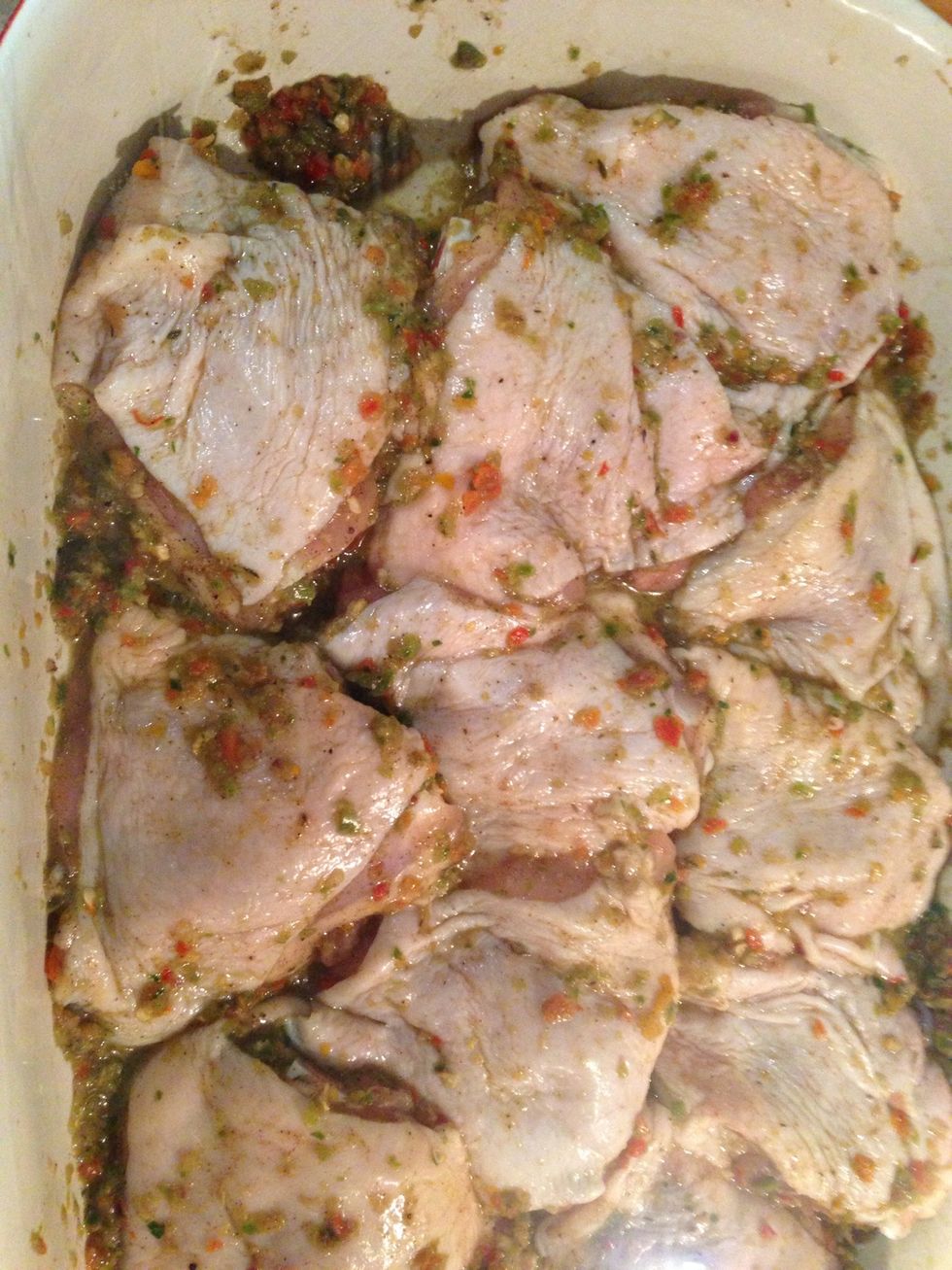 So here's the thighs, normally I'd do this in a large freezer bag overnight, but making this for dinner, only have about 1/2 hour to marinade so really worked the paste in.
