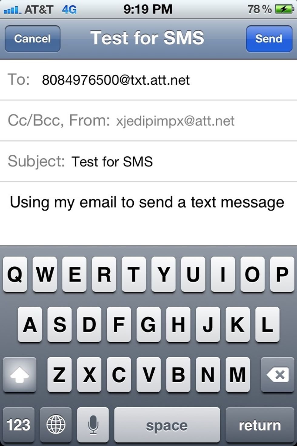 So I am sending a text using an email account. I am sending to a AT&T Carrier