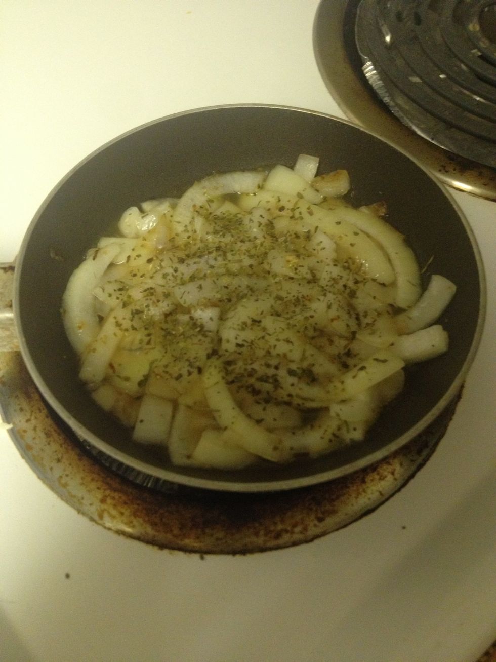 So I fry an onion with some herbs (whatever's close by). These are fried in a tiny bit of sesame oil. Onions are great and help keep you from getting sick!