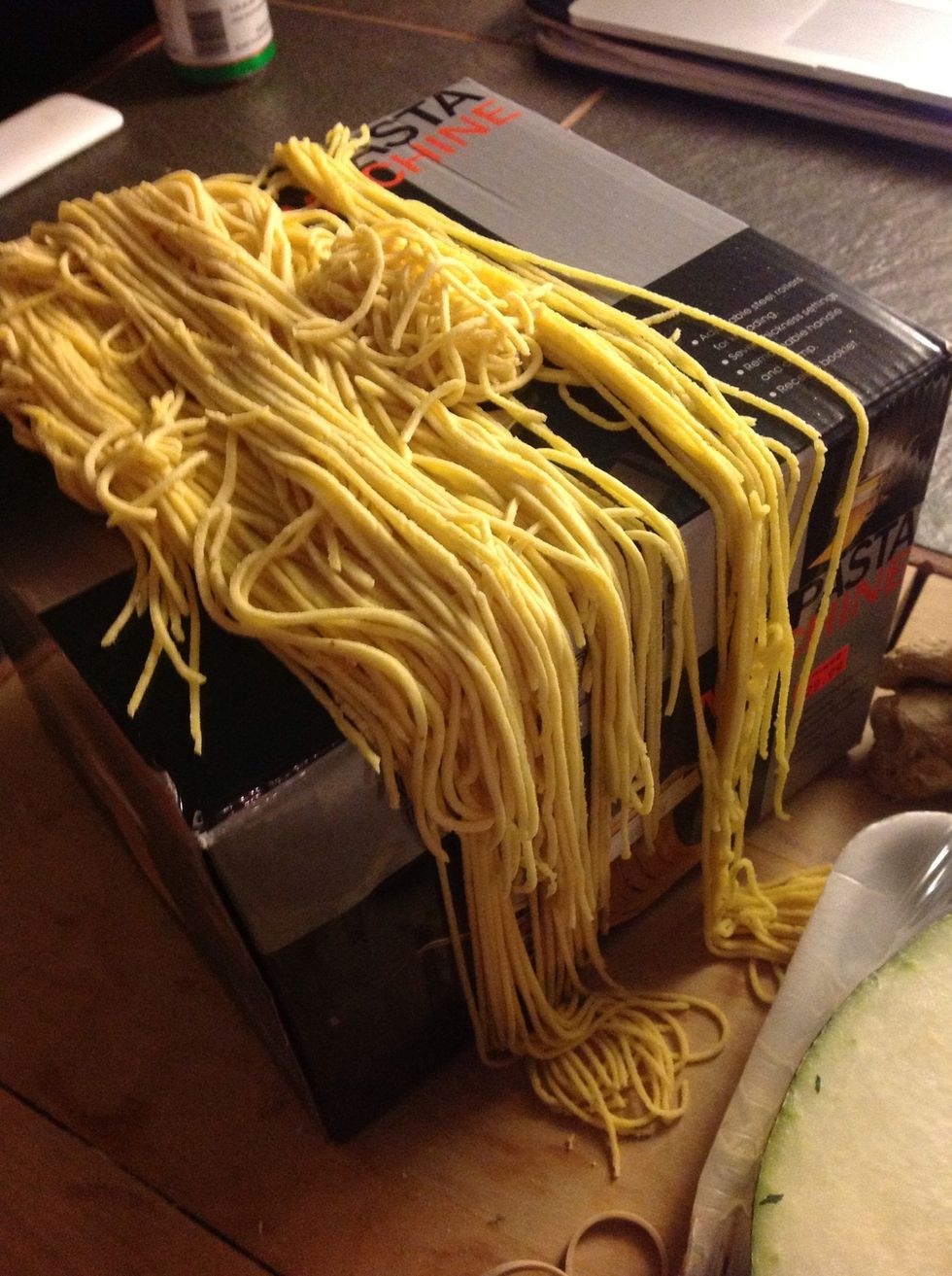 So I got the boys to make pasta. Easy. Eggs and durum flour, mixed. And then they made these beautiful noodles. With my little Shule.
