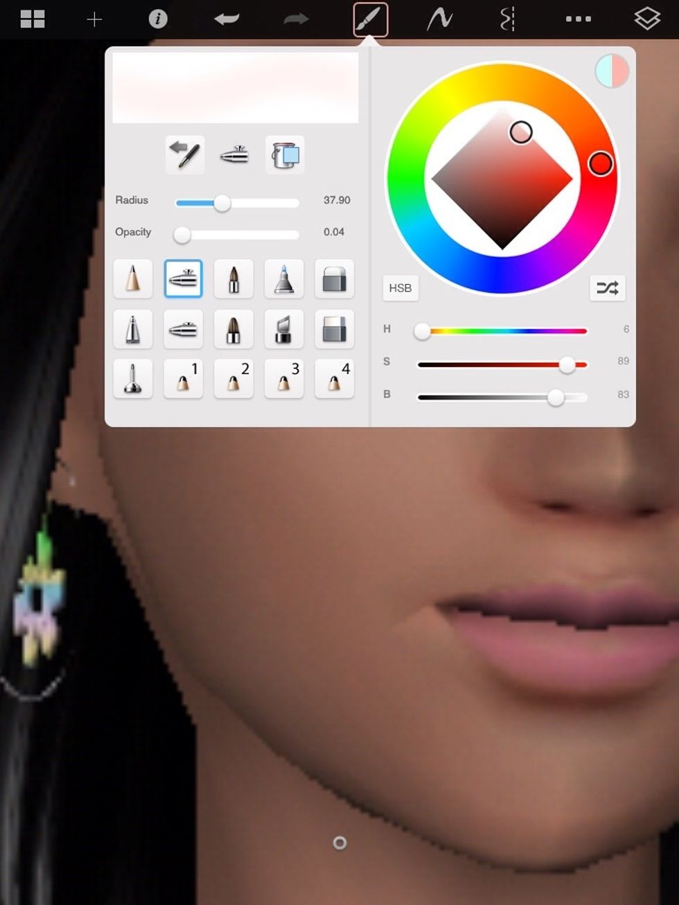 So I'm using the fading brush, the radius should be 37.90 and the opacity should be 0.04, now when you look on the right section that shows the colors .. Rainbow ^*^. I chose a light pink : blush.
