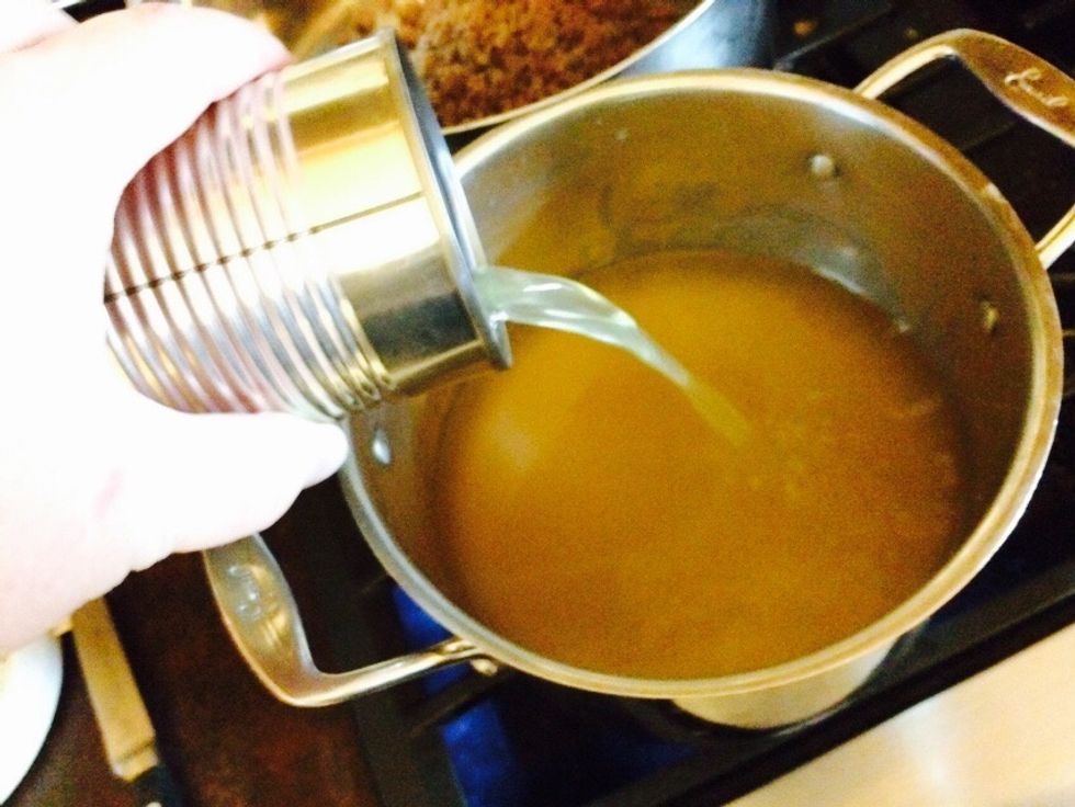 So I'm warming up chicken broth separate. Once these heat up, I'll add a can of evaporated milk. Or I could use milk or constituted powdered milk.