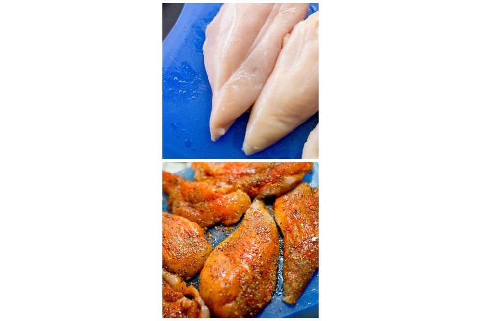 So many different ways to season chicken. Find what works for you. Don't be afraid!! Today I used garlic powder, onion powder, paprika, McCormick spicy chicken rub, and olive oil (drizzled).