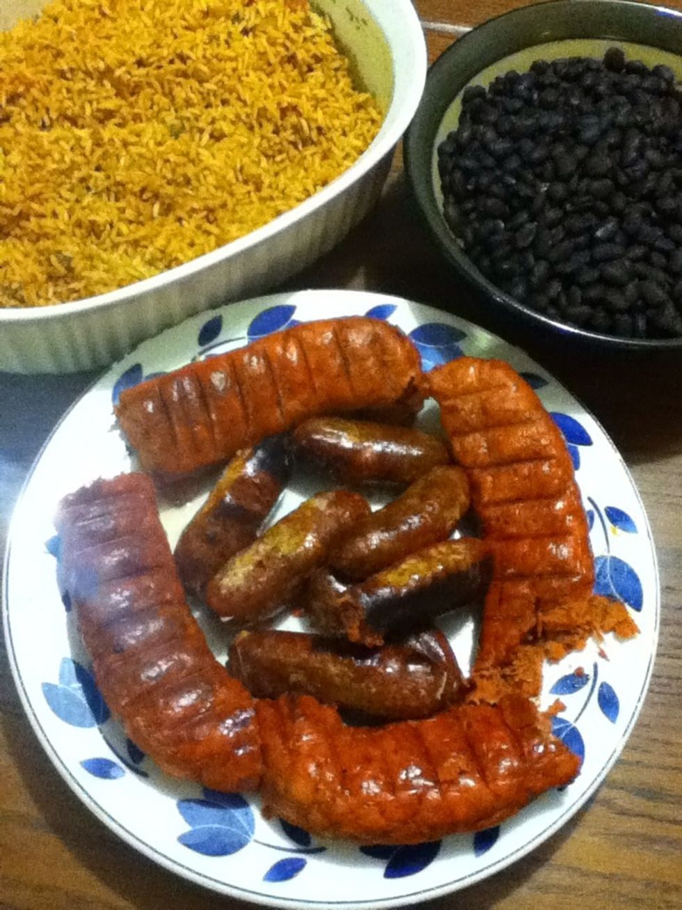 So now you got beans and rice and you got sausage. Let's make the fixins!