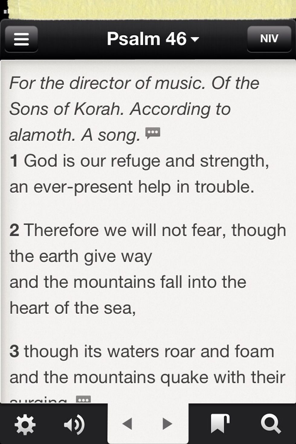 So say I want to listen to Psalm 46. (I like the Psalms as they can have a calming effect on your soul.) Click on the volume icon at the bottom, second from the left.