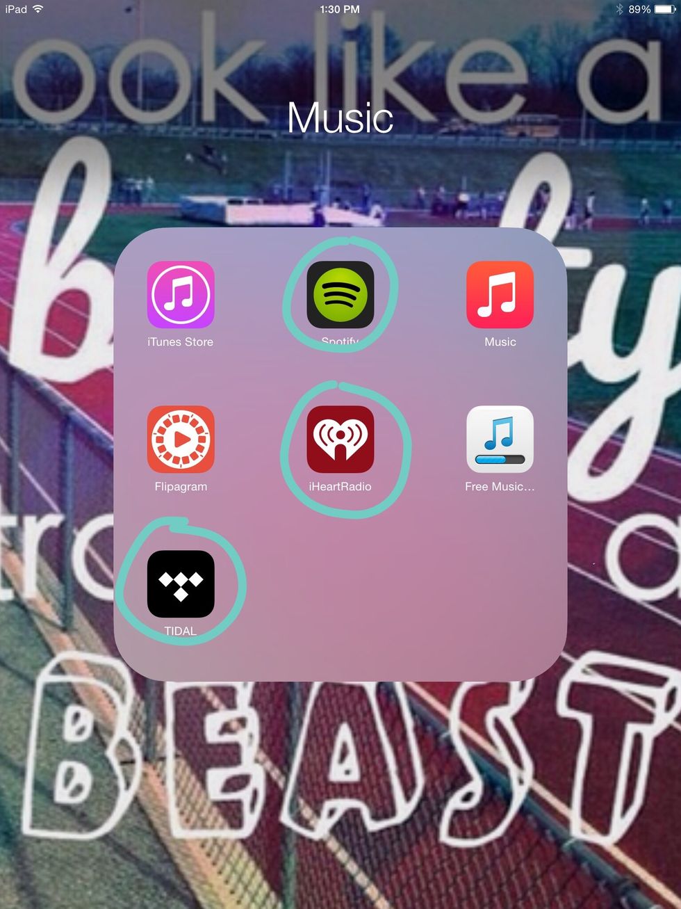 So the main apps I use daily will be circled. I love spotify it's an amazing app I definitely recommend it. Tidal is an amazing app as well he's sure to check it out. I heart radio.. No words!\ud83d\ude0d