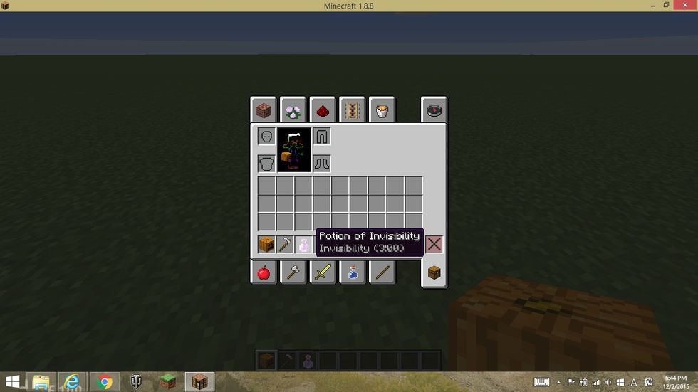 so this is very simple. you just need pumpkin, not jack o lantern, iron hoe (i think iron looks best) , and a potion of invisibility.