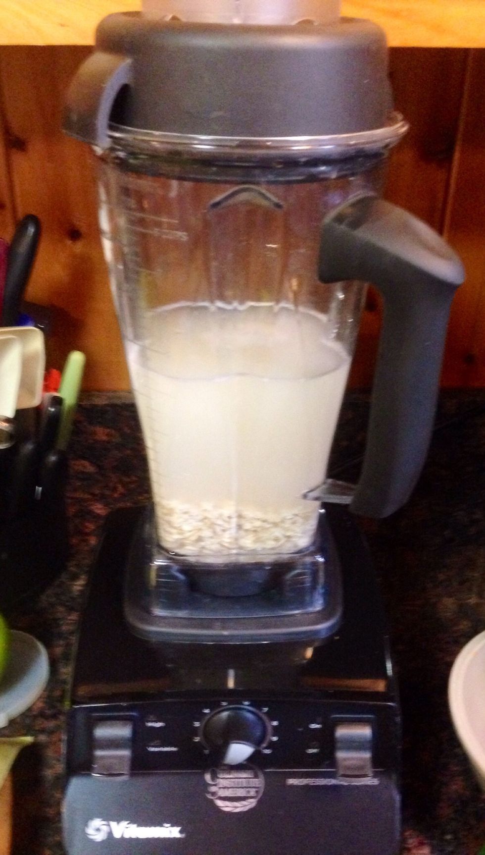 Soak 1/2 cup oats in 5 cups pure water. (Non Gerson folks may add vanilla to taste.) Let soak 10 minutes, then blend on high for 1 minute.