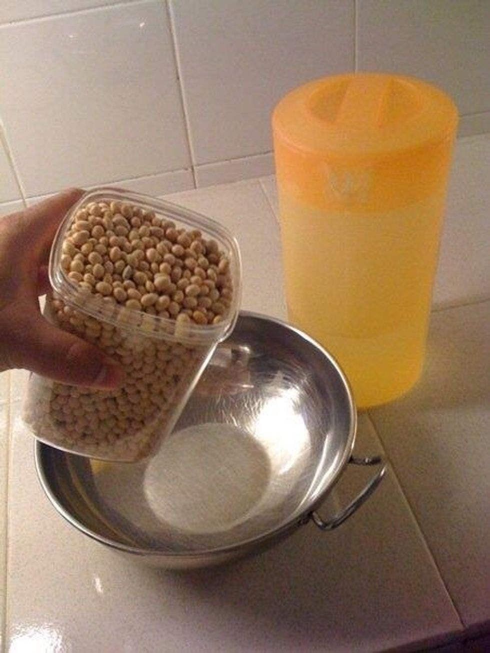 Soak 1 cup of organic soy beans in filtered water overnight, top it up and bear mind that the beans will expand, so add extra water to compensate.