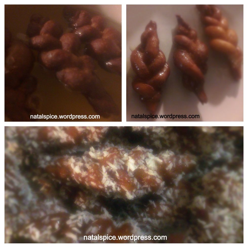 Soak hot Koeksisters in cool syrup, roll in coconut (optional) and allow to cool \ud83d\udd66\ud83d\udcaf\u2714\u2665