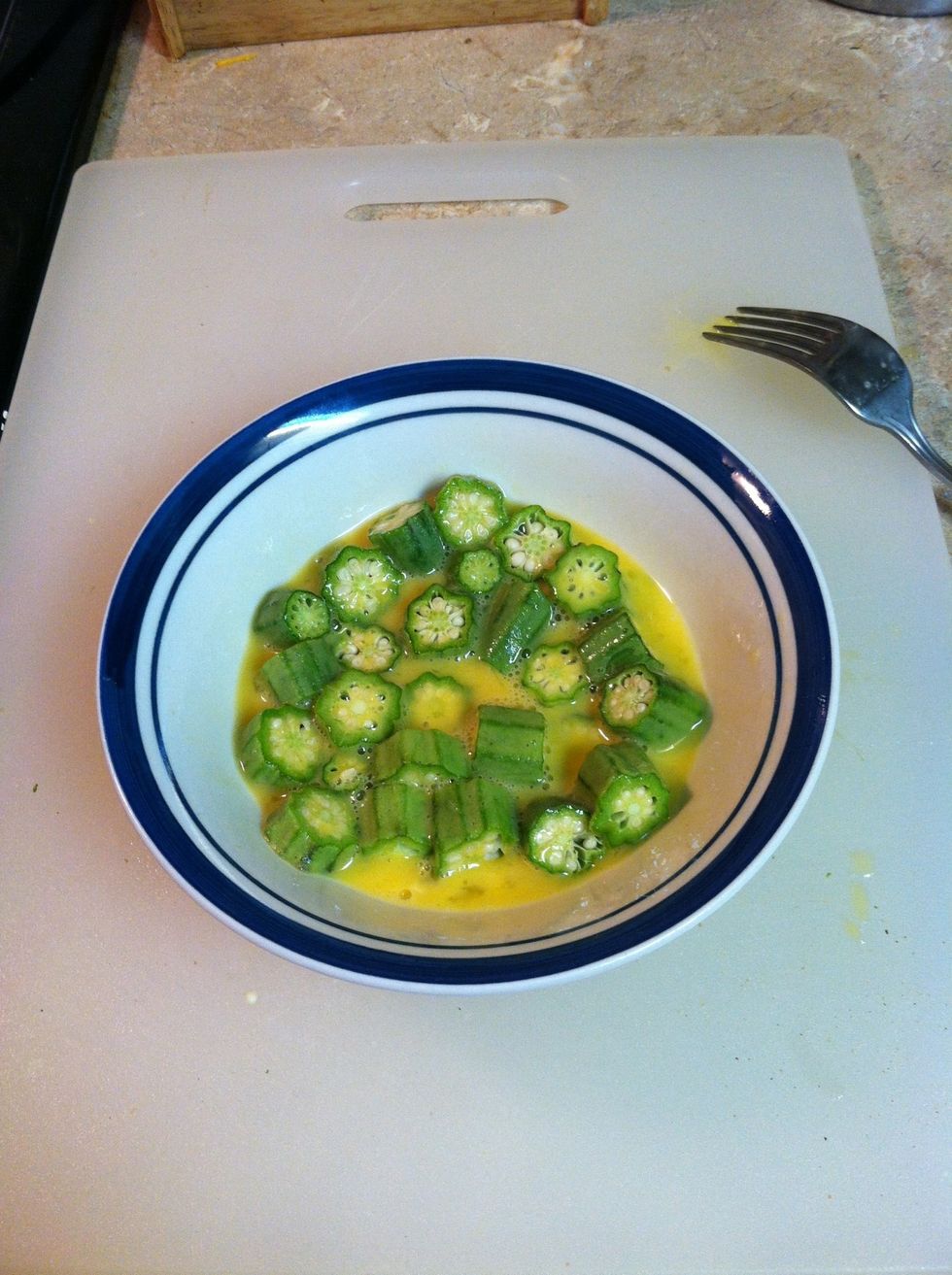 Soak okra pieces in egg mixture 5-10 minutes.