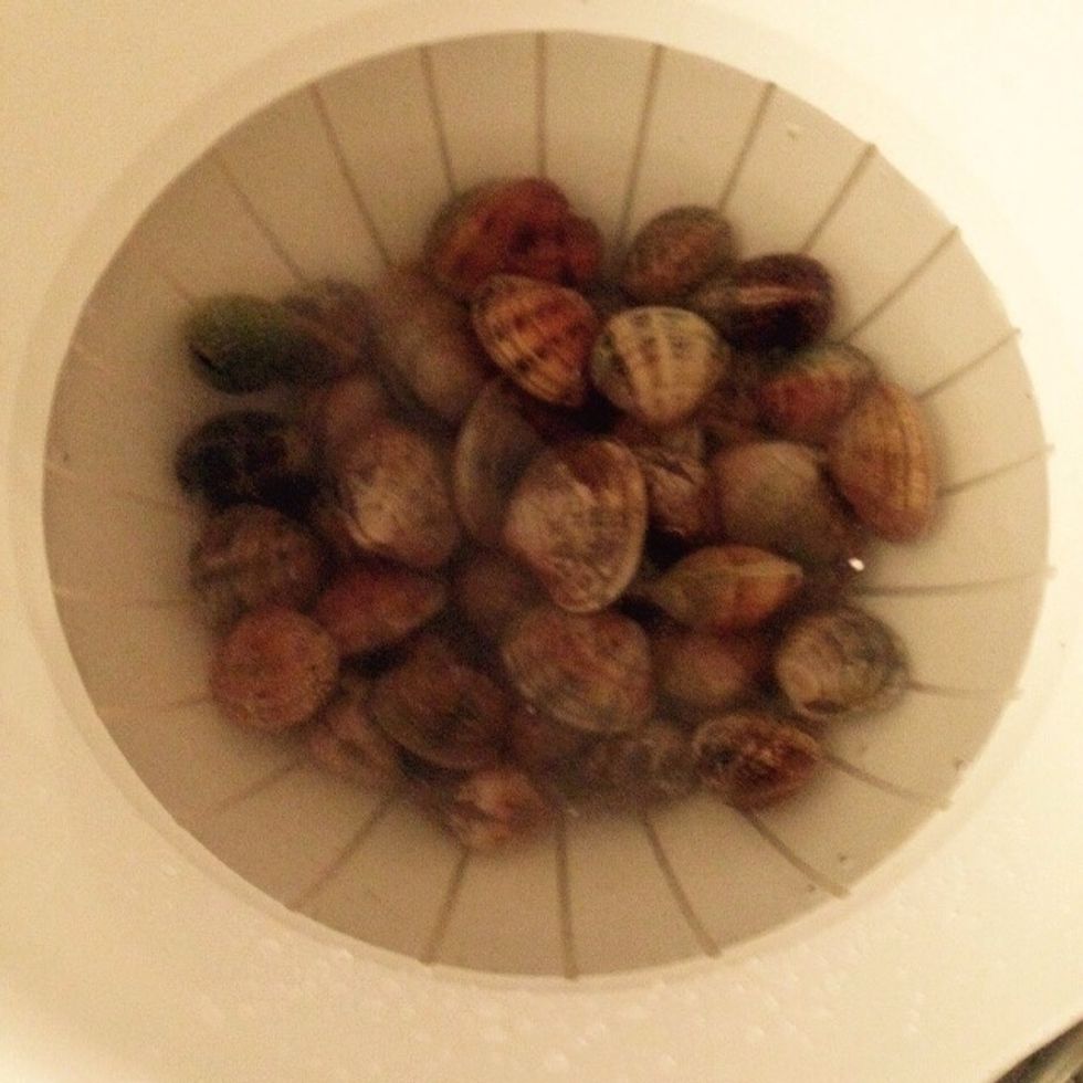 Soak the clams in salted cold water for 30min, this should help removing the sand they might have. Rinse a couple of times, remove any floating pr cracked ones, that means they are not fresh (dead)