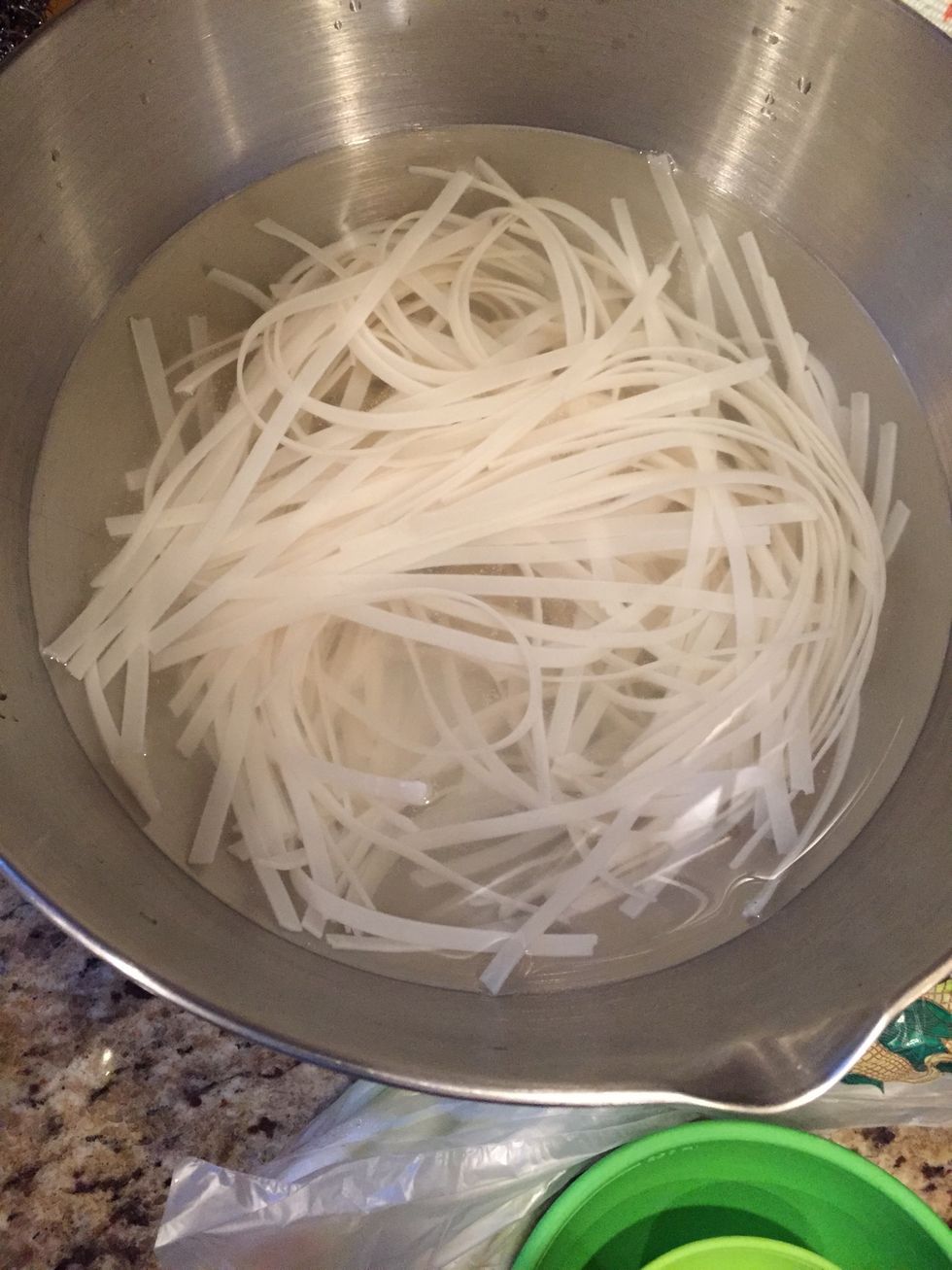 Soak your noodles in hot tap water for at least 30 minutes and until they're al-dente (firm). Only when they are done should you begin to cook anything else n