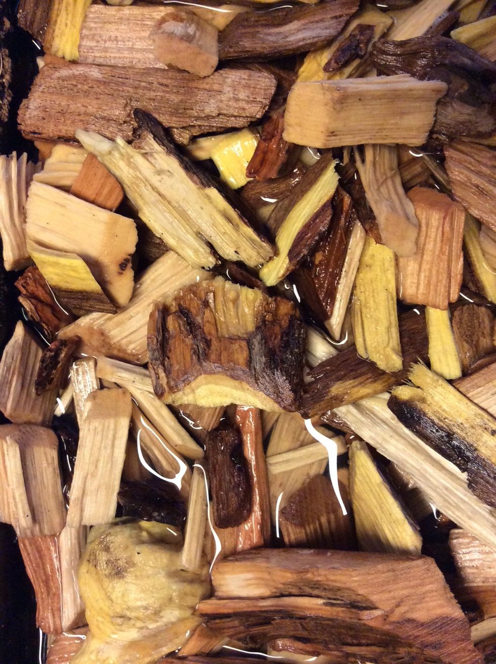 Soak your wood chips for a minimum of one hour. I used a combo of mesquite and hickory. It brings our different flavors in the meat and adds depth of flavor