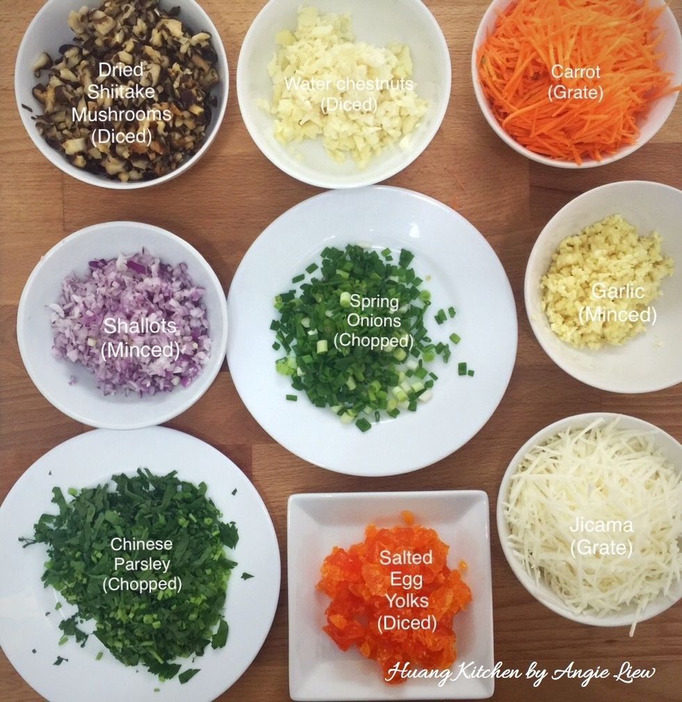 Soaked and diced shiitake mushrooms, minced shallots and garlic, chopped coarsely spring onions and chinese parsley, cut salted egg yolks into pieces, grate jicama and carrot.
