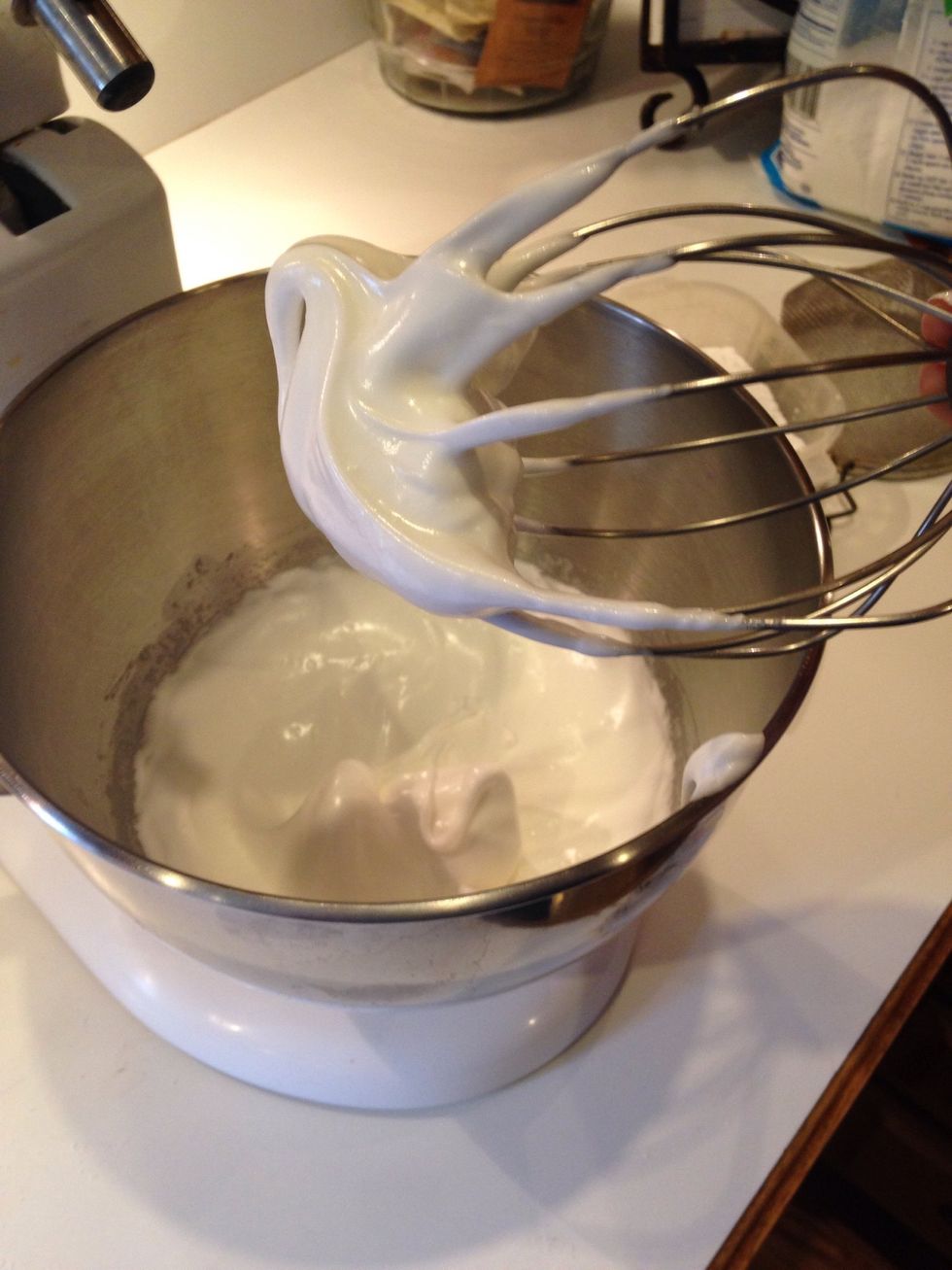 Soft peaks! When tip falls over on self. Do not over beat, stiff peaks will break and your cake won't work!