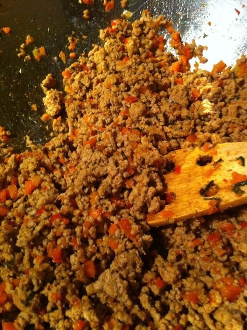 Soften chopped mixture over med heat for approx 5-7 min. Add Extra Lean Ground Pork into saucepan & cook until completion over medium heat. If you need more moisture slowly add water. Remove & Cool.