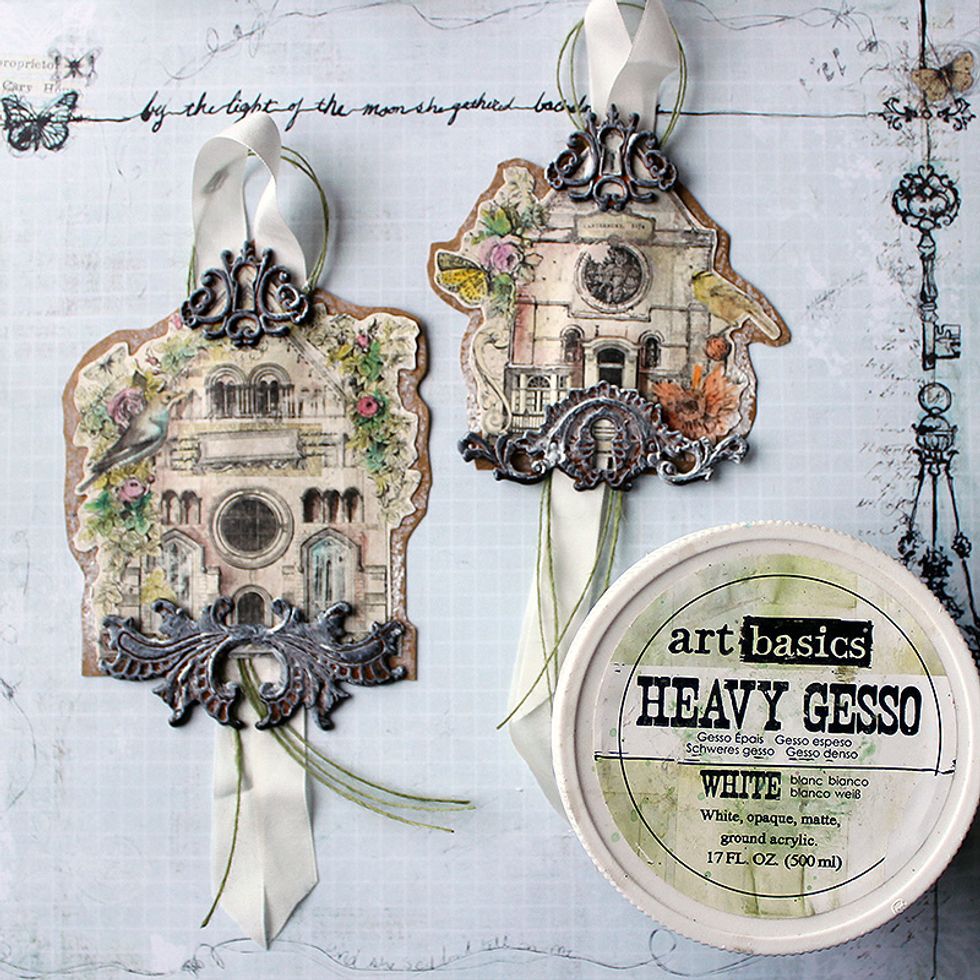 Soften the look of the metal embellishments with White Gesso. Use a "dry brush" technique for shabby-chic results. Just dip your brush in gesso & wipe most off on a piece of paper.