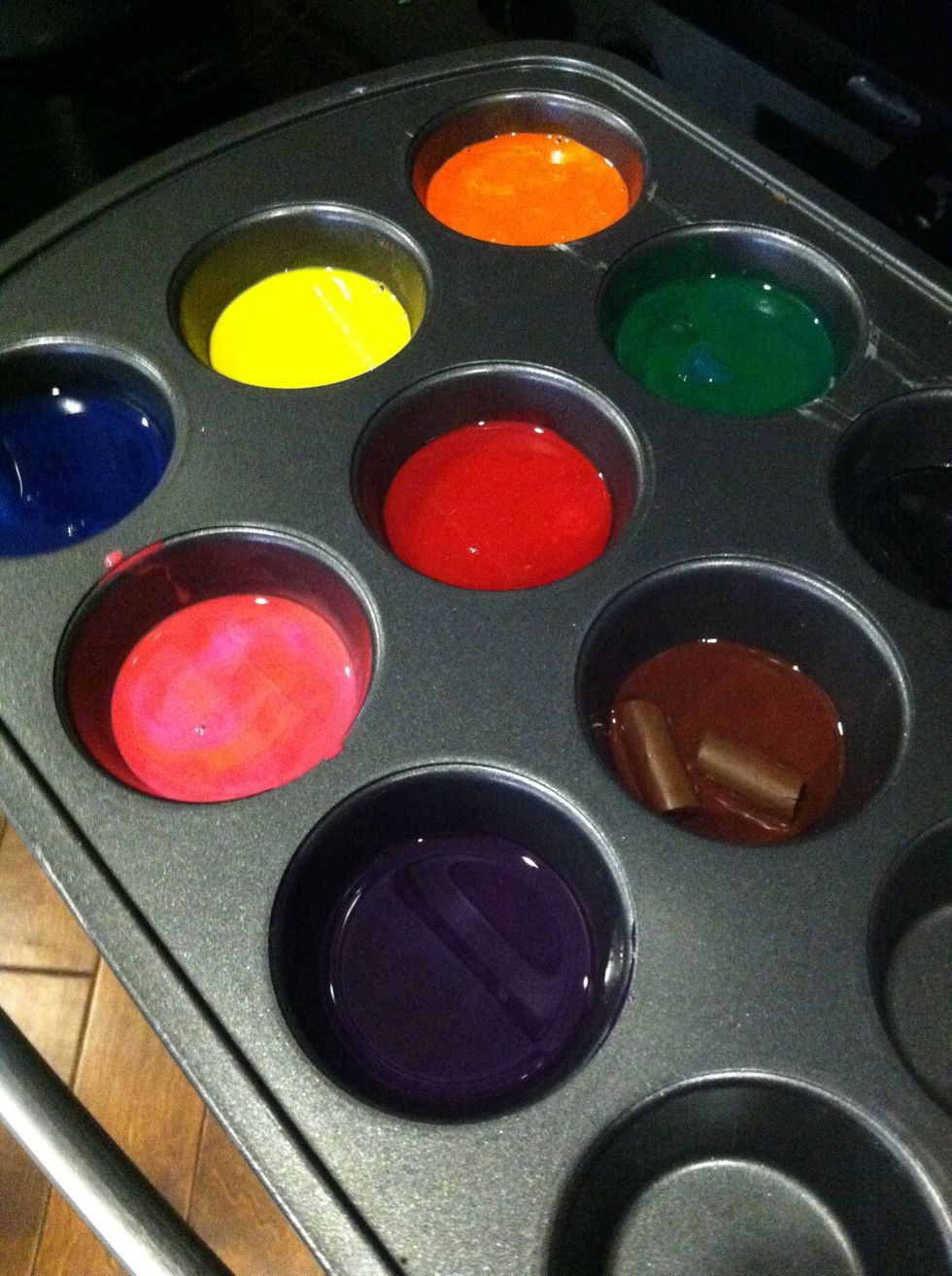 Some crayons just never melt...I found the brown ones especially hard to fully melt. Recommend a plastic spoon for each color. Reheat in the oven if wax begins to harden.