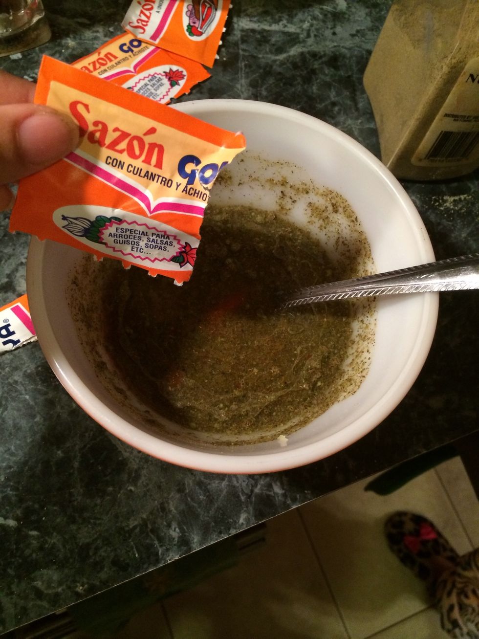 Some food coloring. I use sazon goya with cilantro and achiote. After adding the coloring give this a good stir.