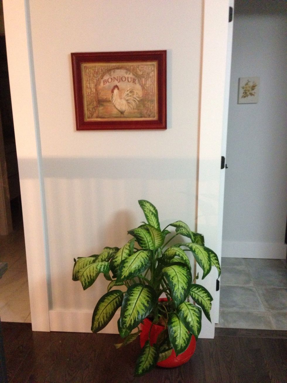 Some more blooming green foliage in a cheerful red planter, and a charming picture frame of a rooster crowing "Good Morning", today will be a lovely day!