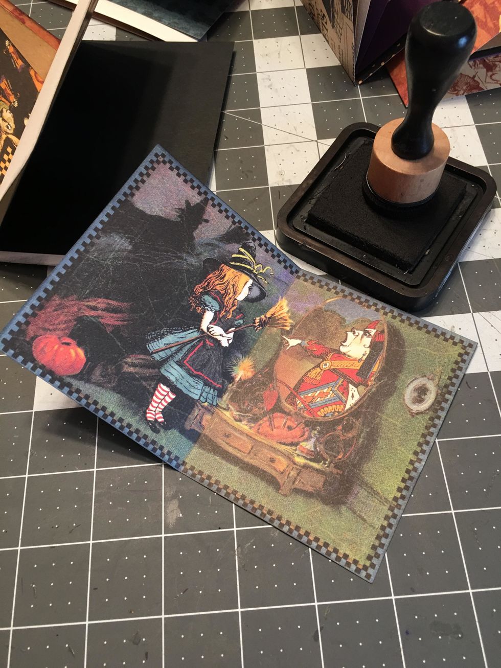 Some of the cut apart cards of the collection also make great pages to insert into the signatures when folded in half.  Ink all the edges of the pages.
