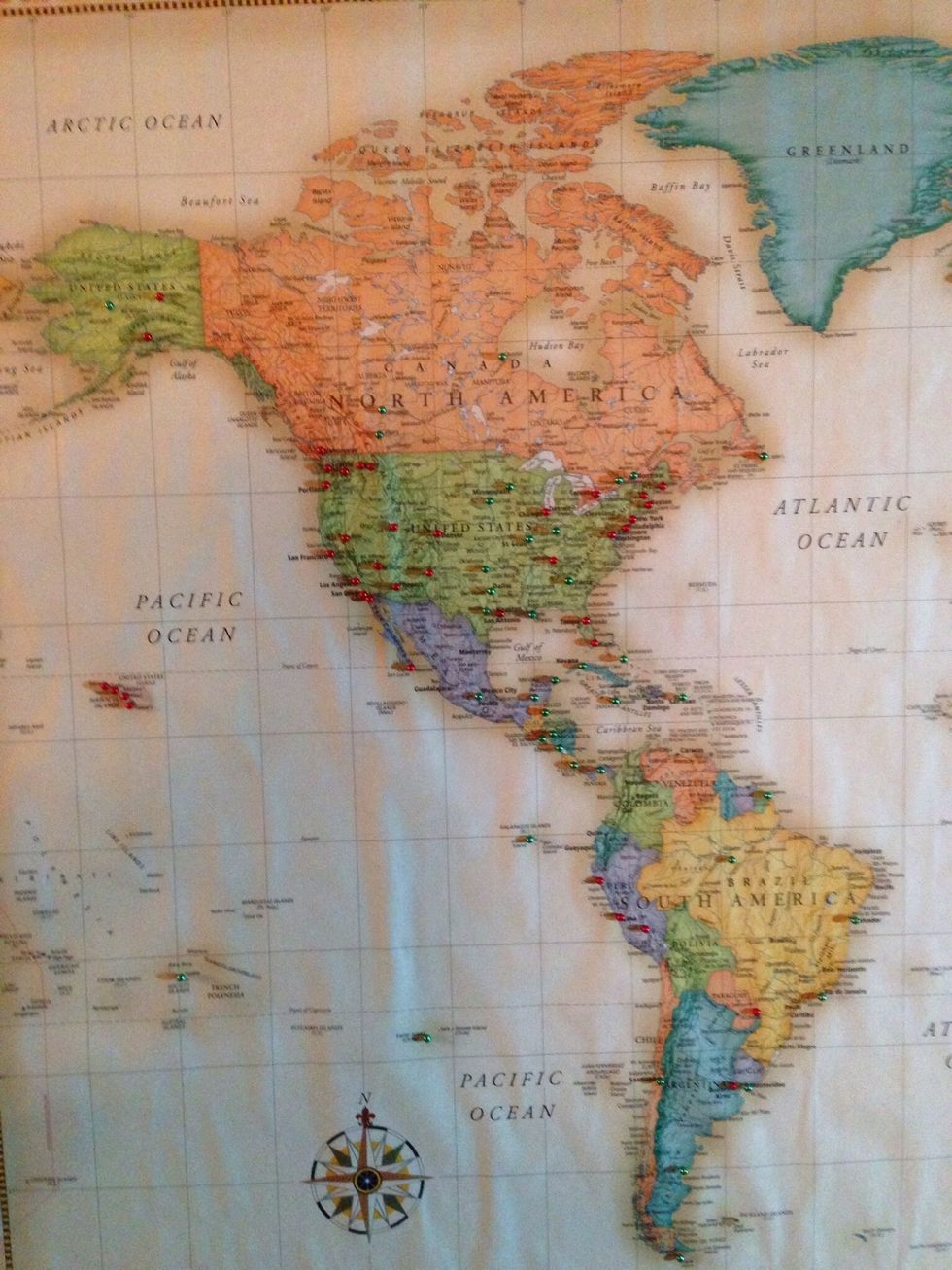 Some of the places I've been/want to go. Red=been. Green=go.