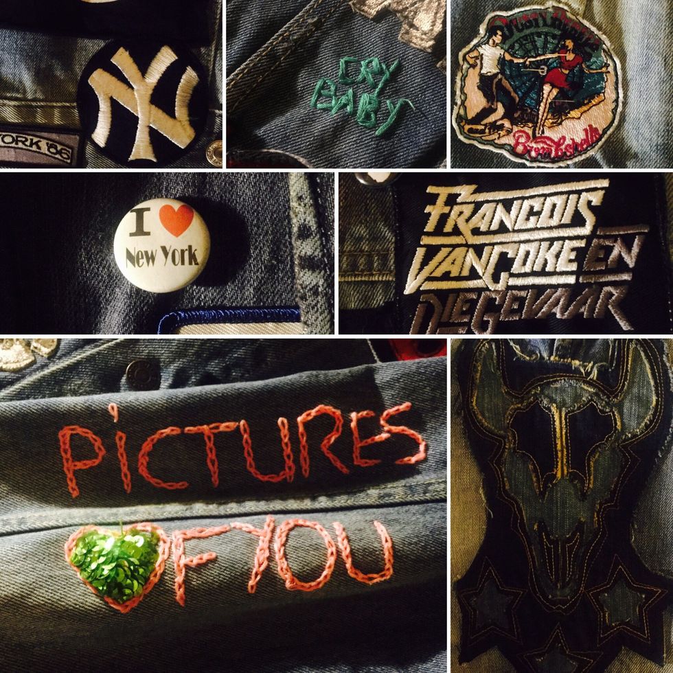 Some other examples shown here are using pins from concerts, badges from your travels, sewing words or symbols onto the jacket.  You can also paint directly onto your jacket using fabric paint.