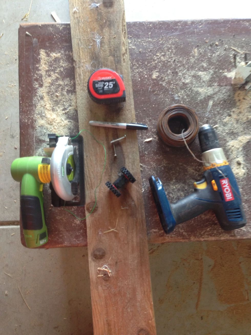 Some things that you might need to get you started will be nails, power saw, wheels, wire, perfectly a skinny string of some sort, a drill, a sharpie, a piece of wood about 1 foot and a tape measure.