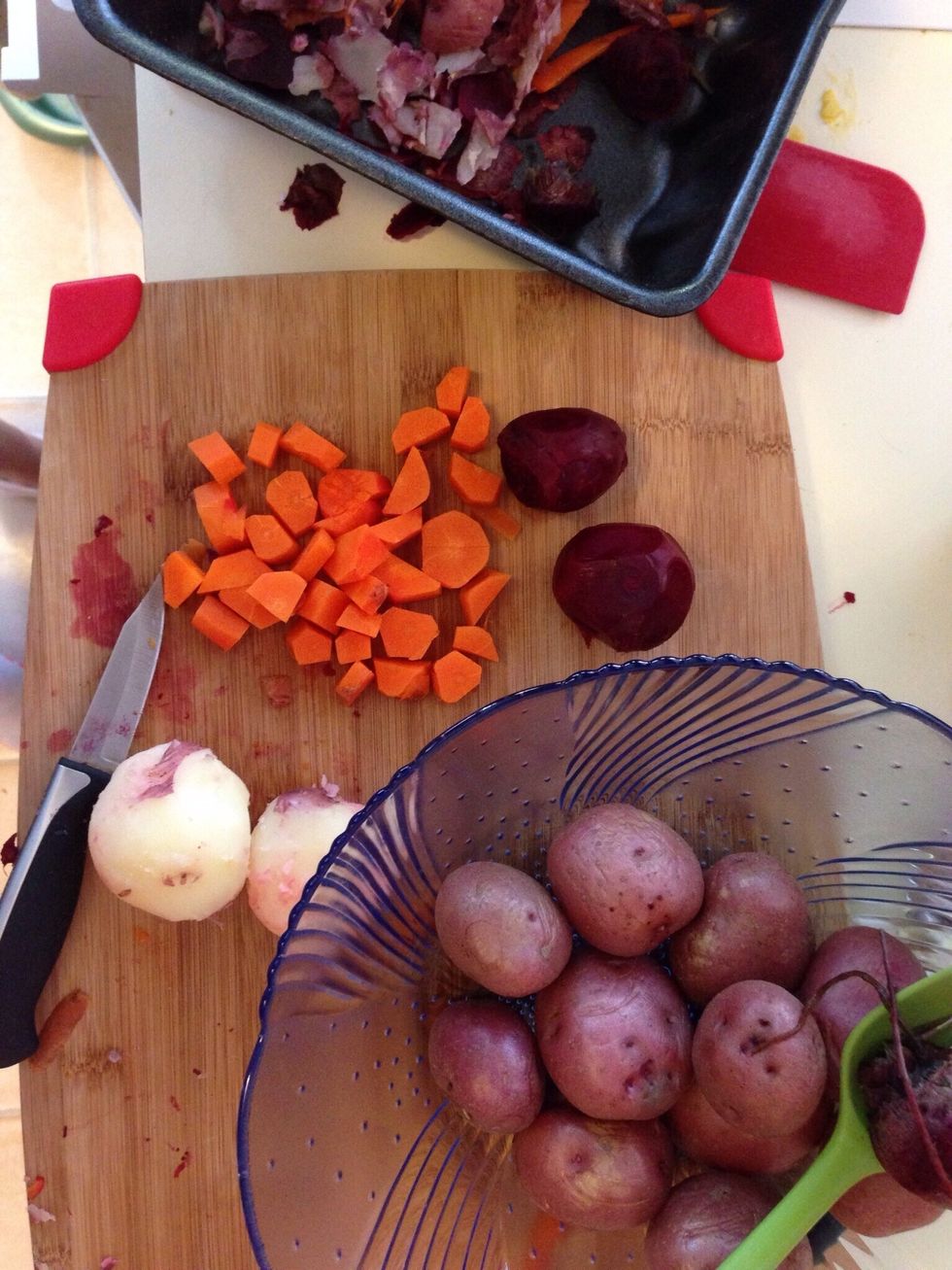 Sometimes a paring knife works better for peeling. Don't worry, you will still turn pink. Chop everything into bite size pieces.