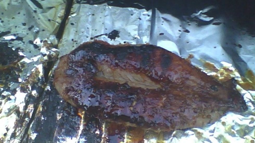 Sorry about pic quality my brother took the pics for me. Continue cooking flipping every 3 min's another 3 x's or until internal temp is 155*.
