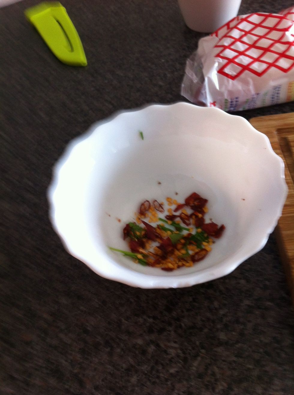 Sorry about the blurry photo - cut up the chilli and coriander and chives finely into a bowl