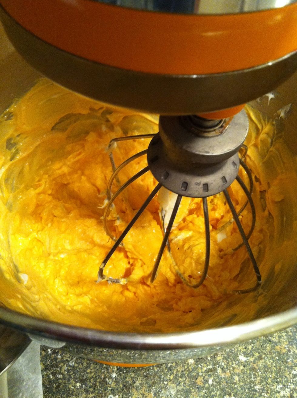 Sorry I forgot to take a picture before I started mixing. Add sour cream, cream cheese, and cheese powder packets and whip, starting on low and working up to high for about 5 minutes.