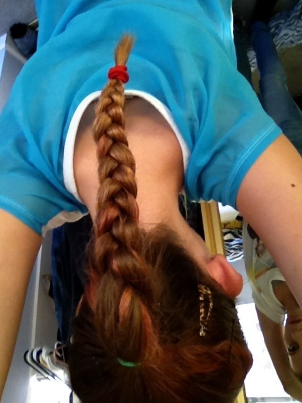 (sorry it's upside down) put your hair into a braid. it doesn't have to be a good one.