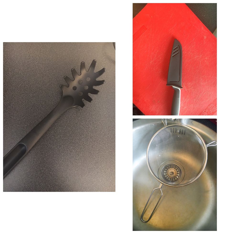 Spaghetti spoon, knife,  chopping board, drain